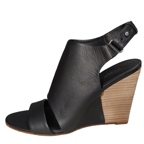 Vince Shoes - Vince Karen Black Leather Stacked Wedge Sandal Heels Women's Size 8.5